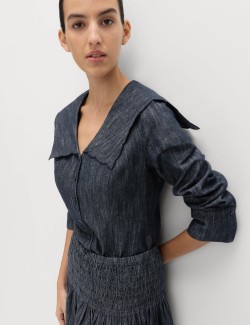 Linen Blend Denim Scallop Collar Shirt
