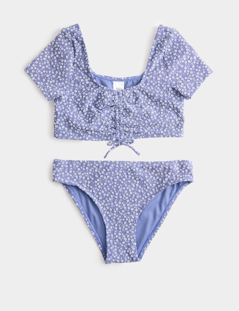 Dvoudílné bikiny s drobným květinovým vzorem a krátkým rukávem (6–16 let)