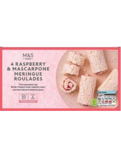 4 rolády z vaječných bílků s malinovou omáčkou (17 %), šlehaným krémem z mascarpone (26 %) a kousky malin (4 %) posypané sladkou