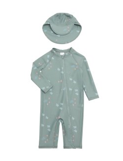 Printed All In One Swimsuit with Hat (0-5 Yrs)