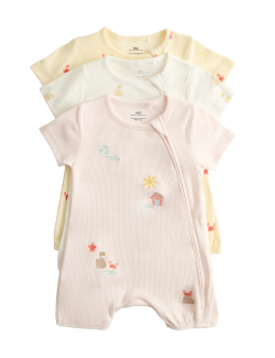 3 Pack Cotton Rich Embroidered Rompers (7lbs-3 Yrs)