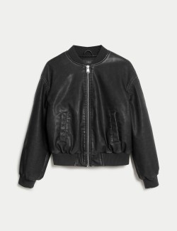 Faux Leather Aged Bomber Jacket