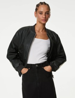 Faux Leather Aged Bomber Jacket