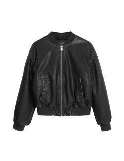 Faux Leather Aged Bomber Jacket