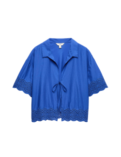 Plážová košile z čisté bavlny s prostřihovaným zdobením a zapínáním vpředu