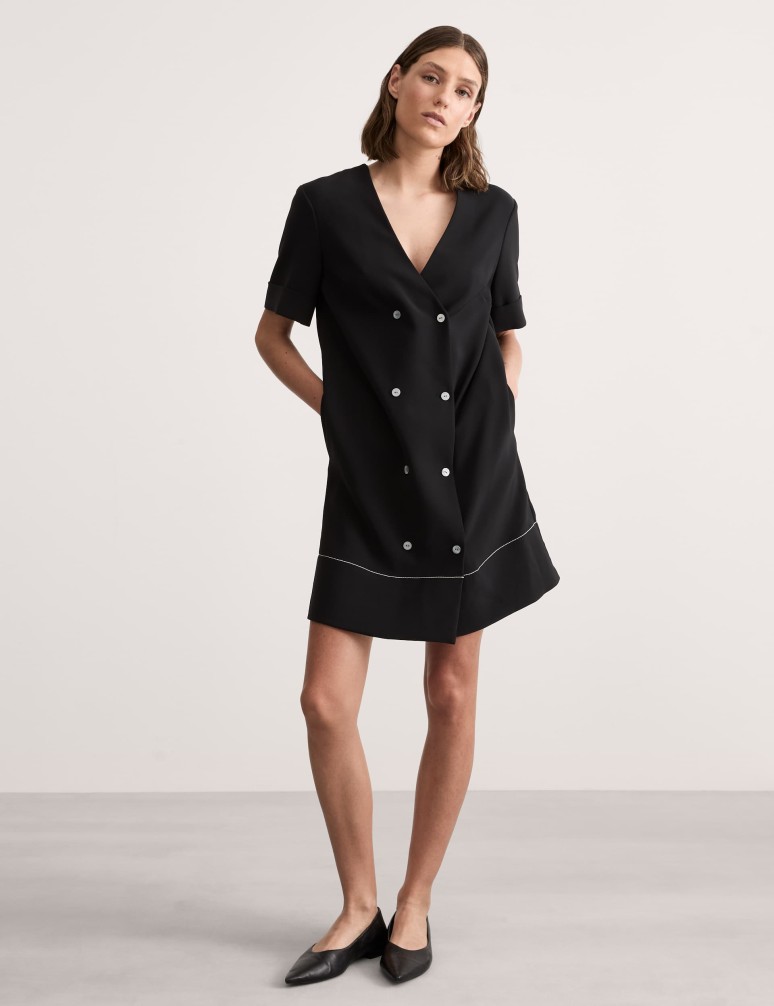 Crepe Button Button Detail Mini Shift Dress