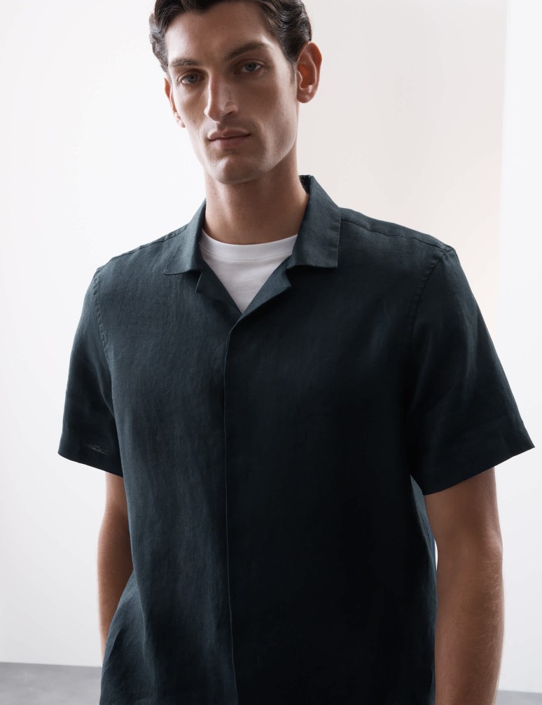 Pure Linen Herringbone Cuban Collar Shirt