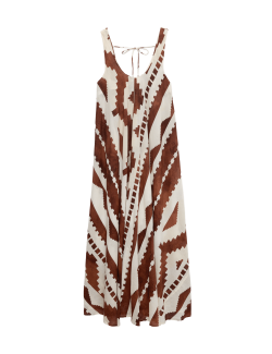 Plážové maxi šaty s oválným výstřihem a potiskem, z čisté bavlny