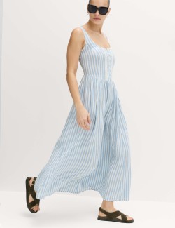 Splývavé midi šaty na ramínka s krajkovou vsadkou a vysokým podílem lnu