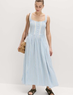 Splývavé midi šaty na ramínka s krajkovou vsadkou a vysokým podílem lnu