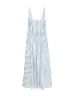 Splývavé midi šaty na ramínka s krajkovou vsadkou a vysokým podílem lnu