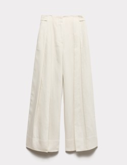 Linen Blend Pleat Front Wide Leg Trousers
