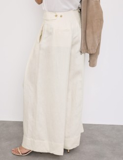 Linen Blend Pleat Front Wide Leg Trousers