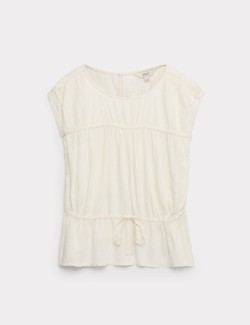 Ruched Scoop Neck Regular Fit Top with Linen