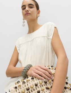 Ruched Scoop Neck Regular Fit Top with Linen