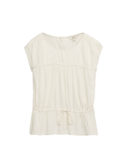Ruched Scoop Neck Regular Fit Top with Linen