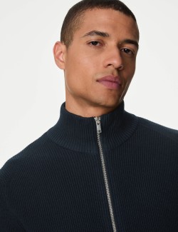 Cotton Blend Funnel Neck Zip Up Jumper