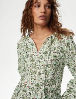 Pure Cotton Printed Tie Neck Blouse