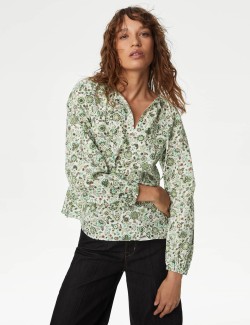 Pure Cotton Printed Tie Neck Blouse