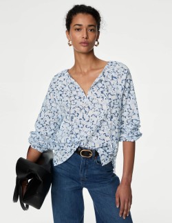 Pure Cotton Printed Tie Neck Blouse