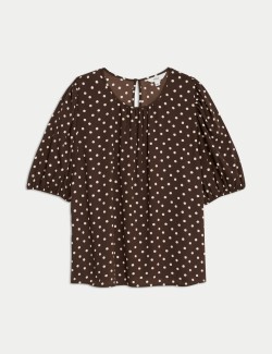 Printed Round Neck Puff Sleeve Blouse