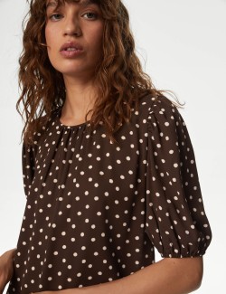 Printed Round Neck Puff Sleeve Blouse