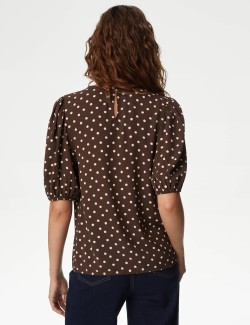 Printed Round Neck Puff Sleeve Blouse