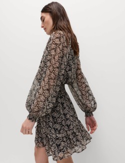 Chiffon Floral Tie Neck Mini Waisted Dress