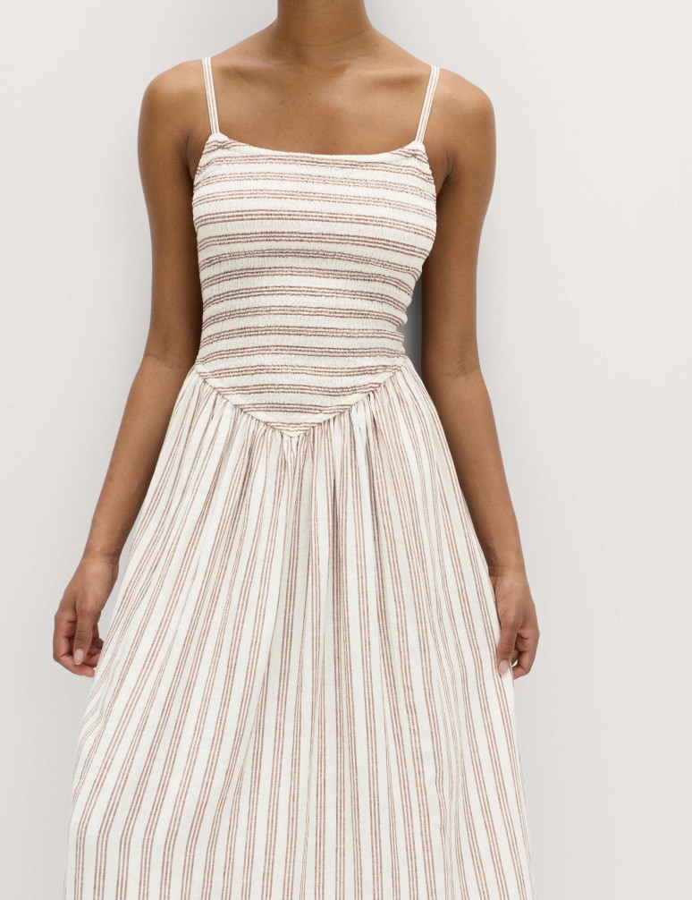 Linen Rich Shirred Maxi Shift Dress