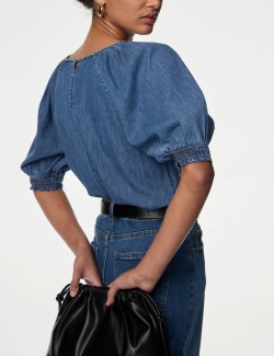 Pure Cotton Denim Puff Sleeve Blouse