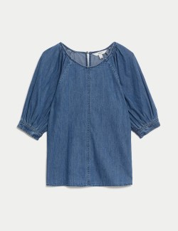 Pure Cotton Denim Puff Sleeve Blouse