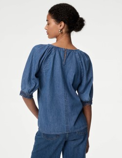 Pure Cotton Denim Puff Sleeve Blouse