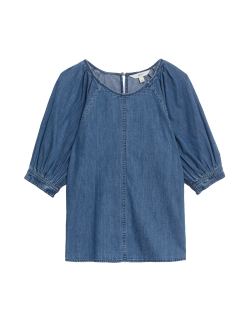 Pure Cotton Denim Puff Sleeve Blouse