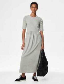 Jersey Round Neck Midi Waisted Dress