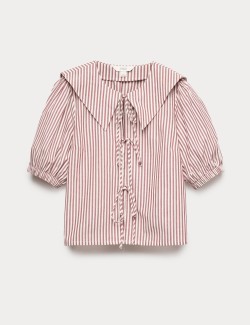 Pure Cotton Striped Oversized Collar Tie Detail Shirt