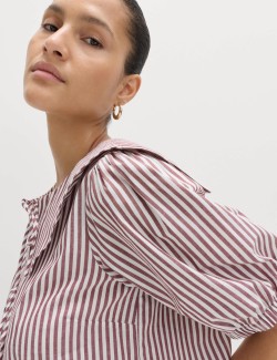 Pure Cotton Striped Oversized Collar Tie Detail Shirt