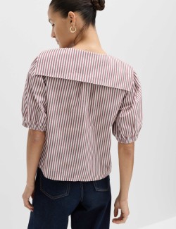 Pure Cotton Striped Oversized Collar Tie Detail Shirt
