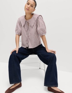 Pure Cotton Striped Oversized Collar Tie Detail Shirt