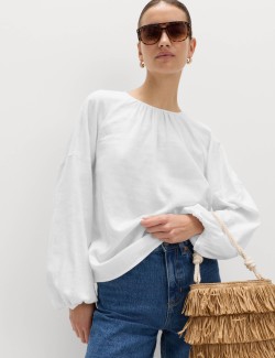 Linen Rich Round Neck Blouse