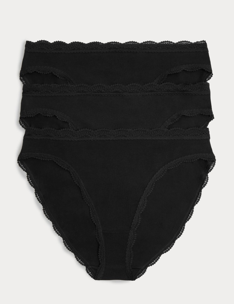 3pk Cotton & Lace High Leg Knickers