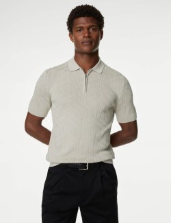 Cotton Rich Zip Up Knitted Polo Shirt