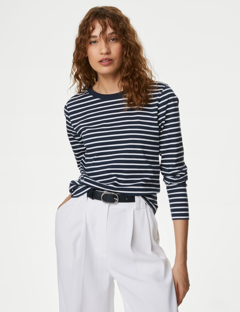 Pure Cotton Striped Crew Neck T-Shirt