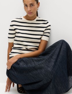 Cotton Rich Striped Bouclé Knitted Top