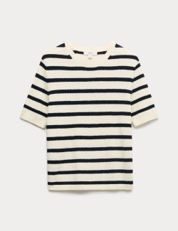 Cotton Rich Striped Bouclé Knitted Top