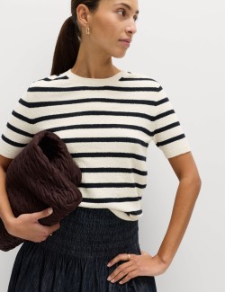 Cotton Rich Striped Bouclé Knitted Top