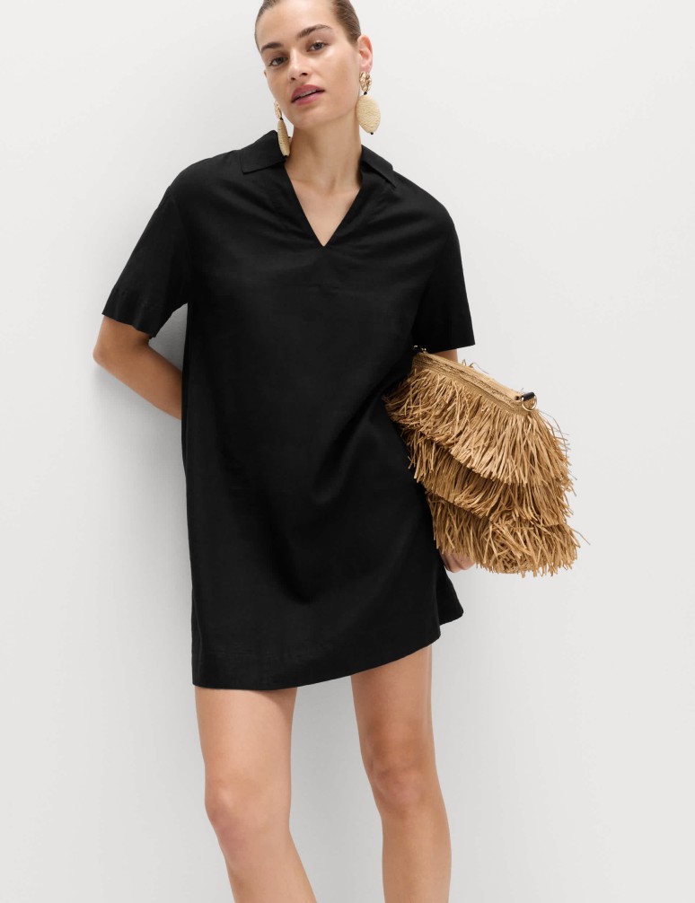 Linen Rich Collared Mini Shift Dress