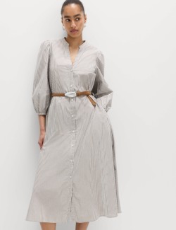 Pure Cotton Striped V-Neck Midi Shirt Dress