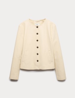 Faux Leather Collarless Jacket