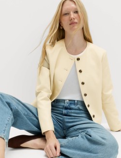 Faux Leather Collarless Jacket