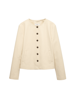 Faux Leather Collarless Jacket